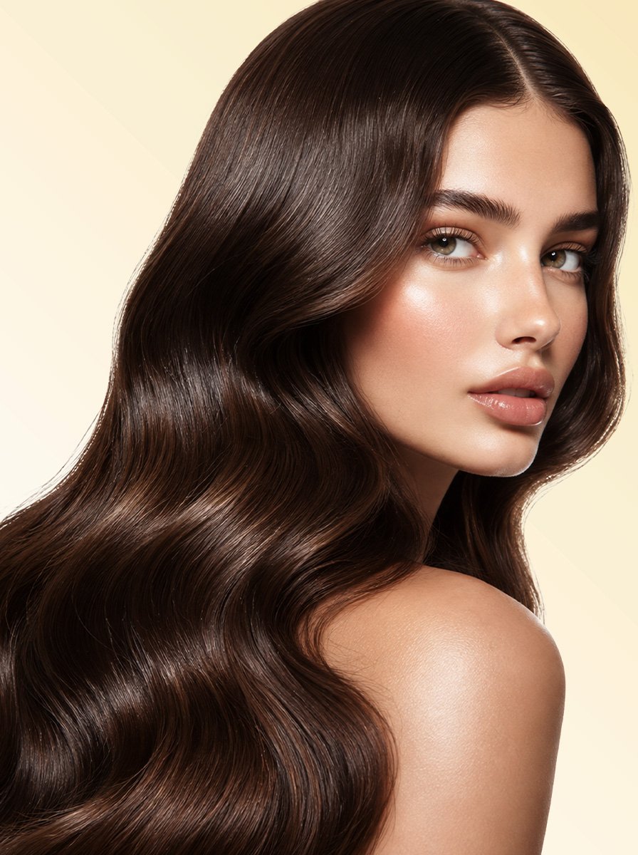 Beauty portrait of a woman with luminous makeup and long brunette waves